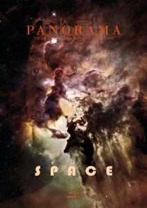 A cosmic-themed magazine cover for "panorama" titled "space," featuring a nebulous space image blended with a human profile.